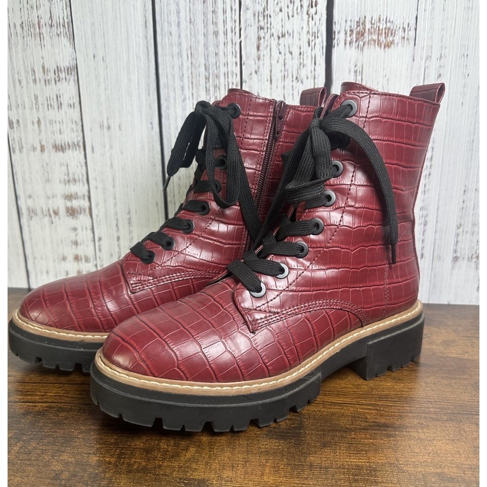 Sun‎ + Stone Women's Burgundy Lug Sole Combat Boots Size 8 Lace Up Zip Up Grunge